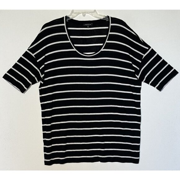 LAFAYETTE 148 Black White Striped Rayon Short Sleeve Scoop Neck T-Shirt Top - Picture 1 of 6